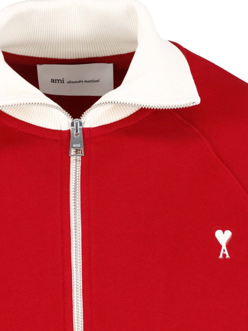 Ami Paris Red Zip-Up Logo Cotton Sweatshirt