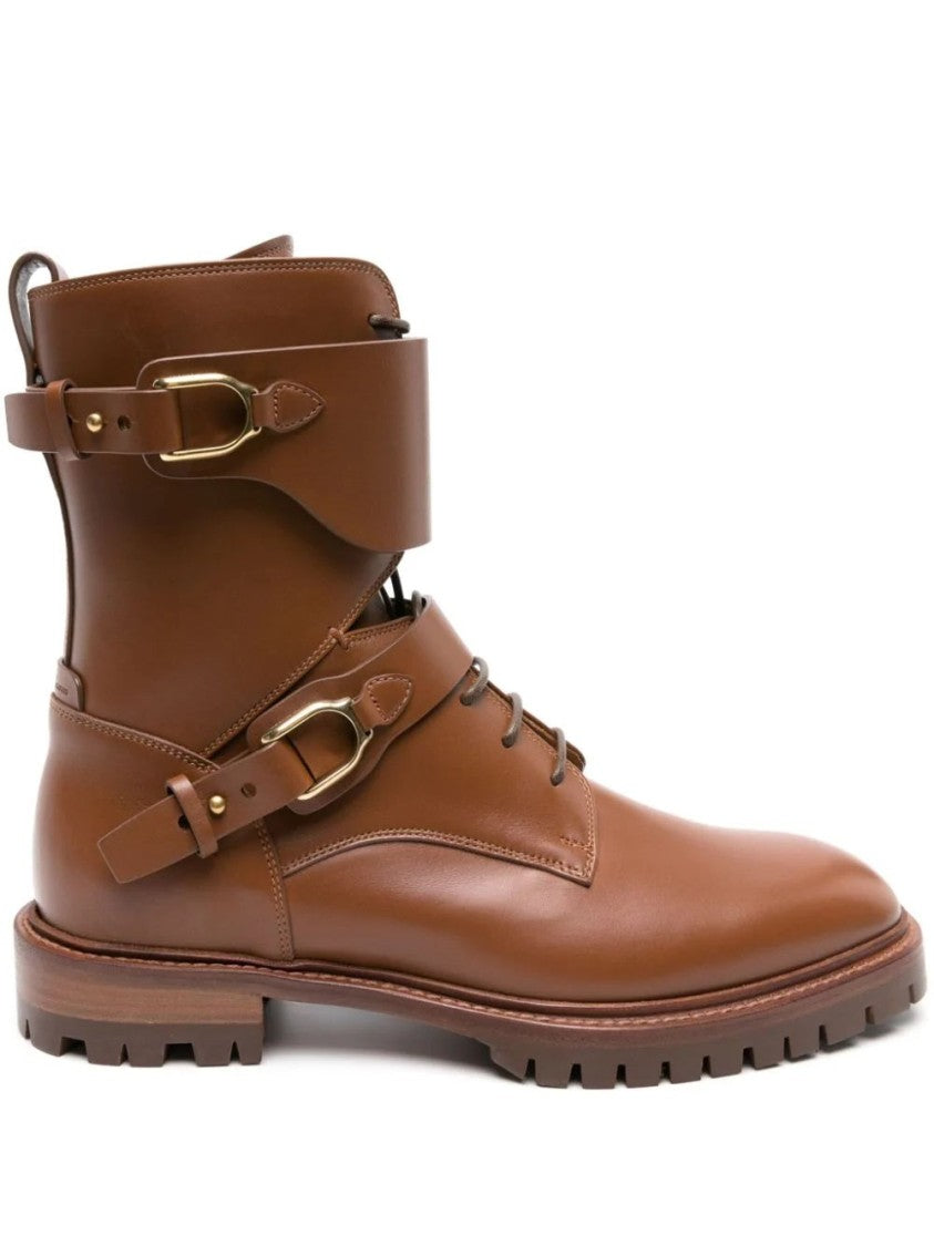 Polo Ralph Lauren Brown Marlie Gold-Tone Buckle Leather Ankle Boots