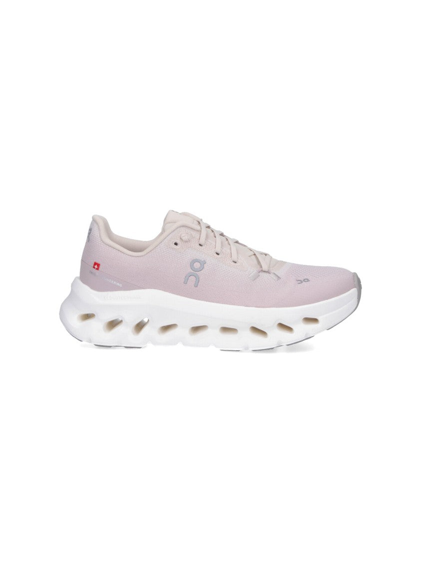 On Soft Pink Fabric Sneakers With Contrasting Embroidered Logos