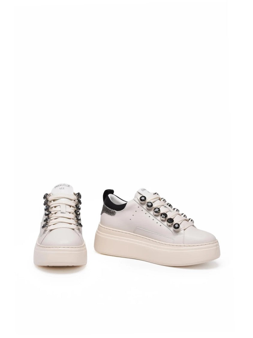 Emanuélle Vee Beige/Black Glitter Leather-Blend Chunky Sneakers