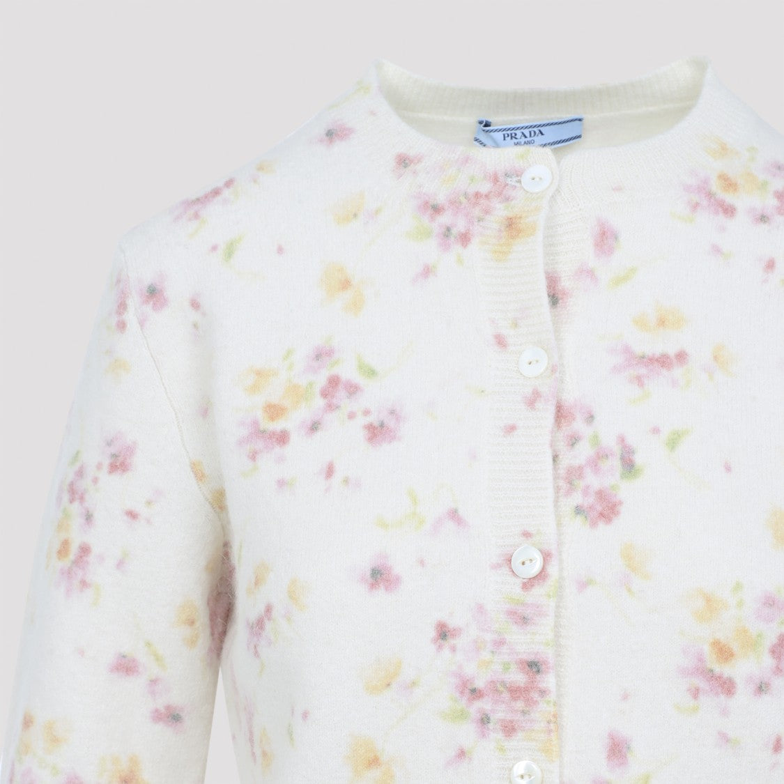 Prada Floral Print Nude & Neutral Wool Blend Cardigan