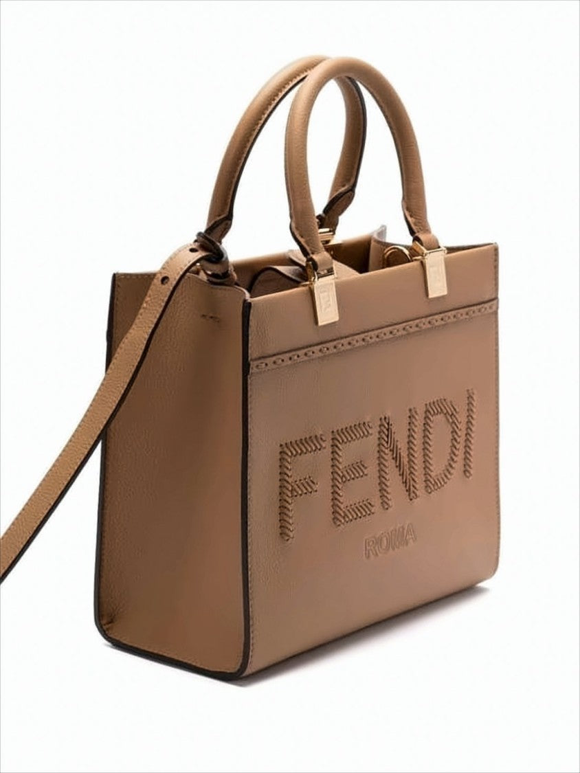 Fendi Textured Leather Tote Bag With Stitched Logo