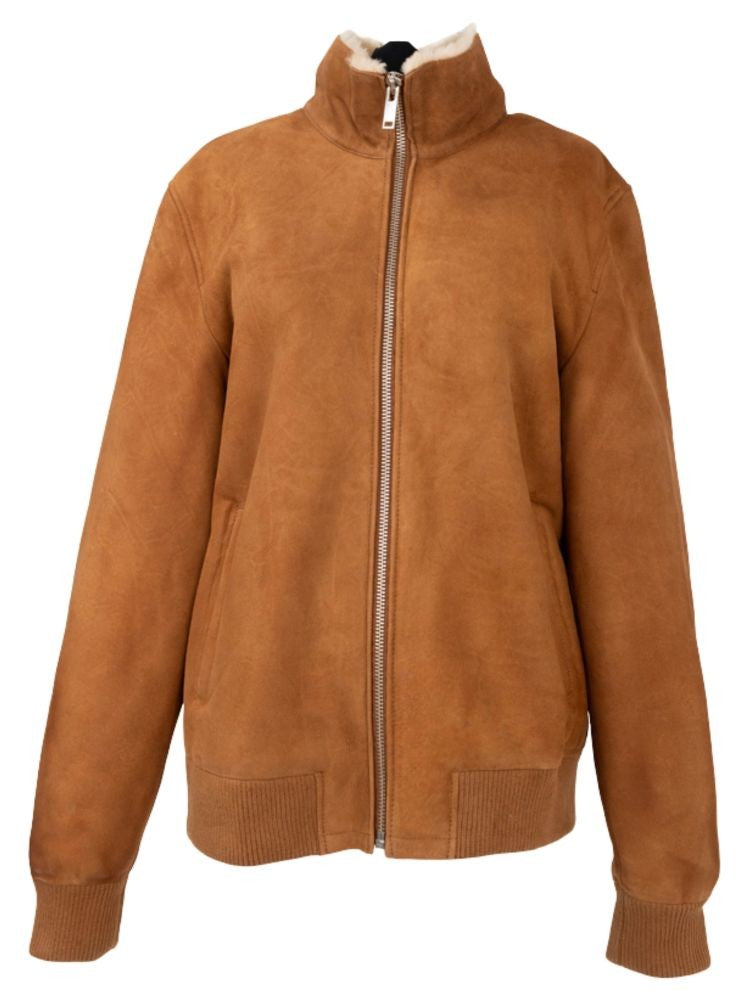 Sergio Moretti Beige High Collar Ribbed Detail Sheep Leather Jacket