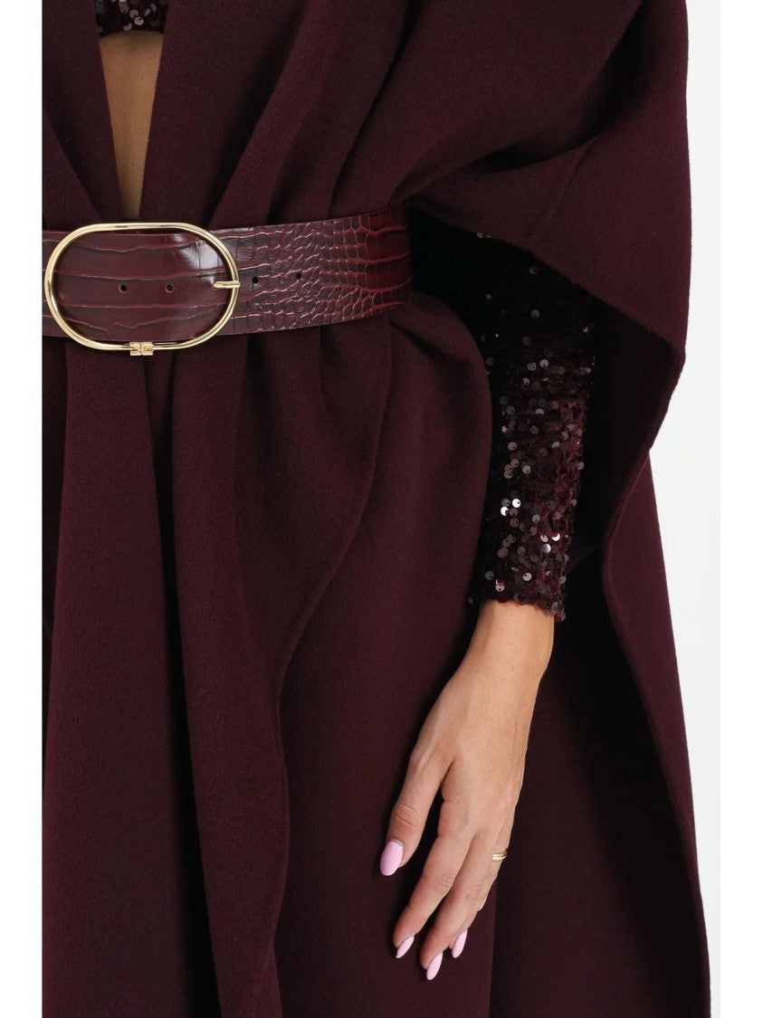 Elisabetta Franchi Sleeveless Wool Cape With Wide Collar And Textured Belt