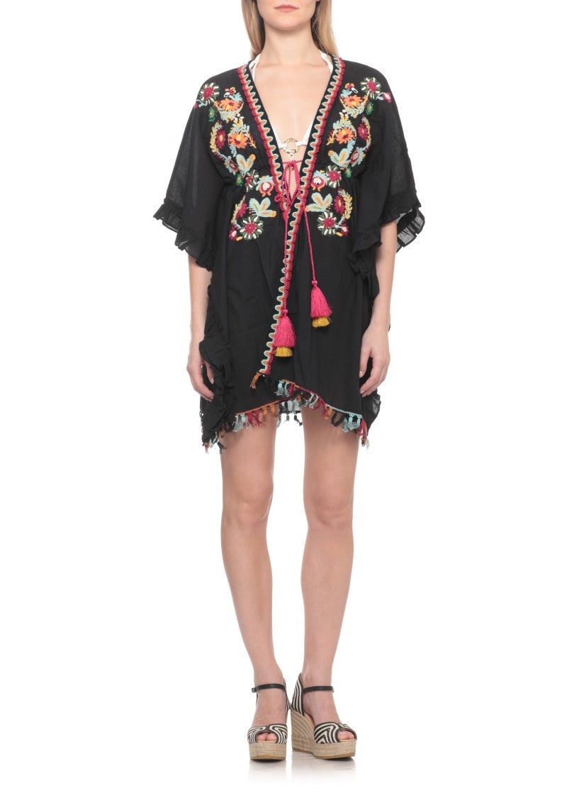 Miss Bikini Black Floral Embroidered Cotton Poncho
