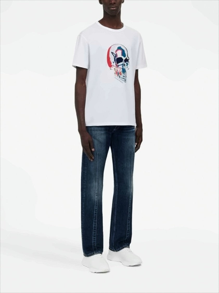 Alexander Mcqueen Short-Sleeved White Cotton T-Shirt With Bold Skull Graphic
