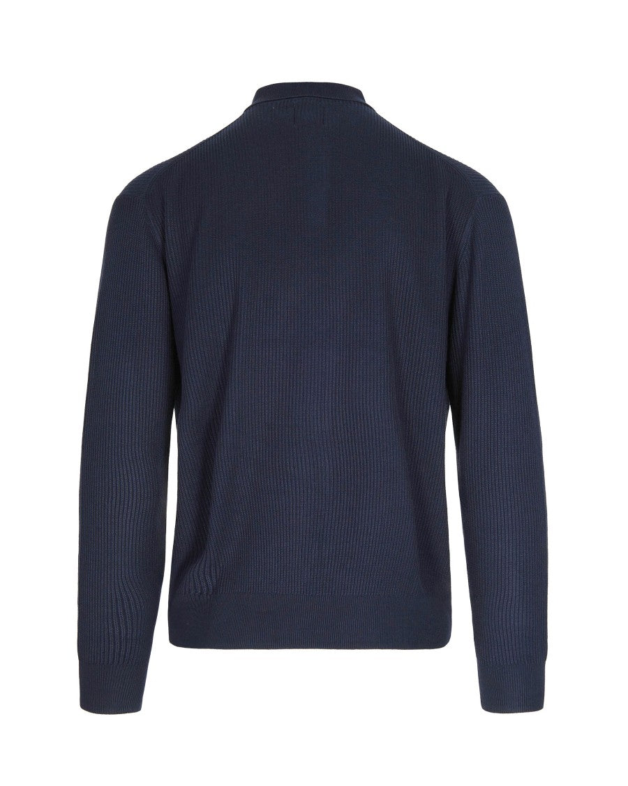 Emporio Armani Textured Knit Blue Polo With Classic Button Placket