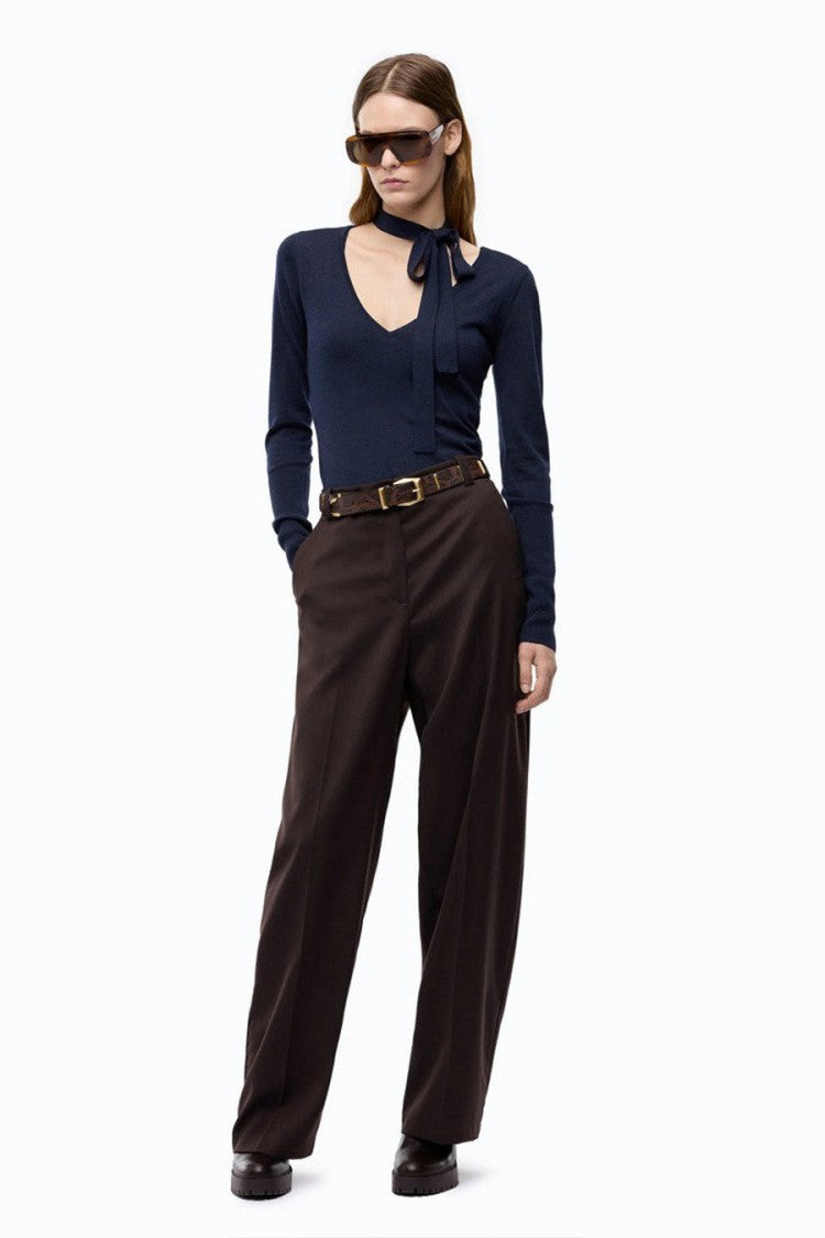 Pinko Blue Wool Tie-Neck Lace-Trim Sweater