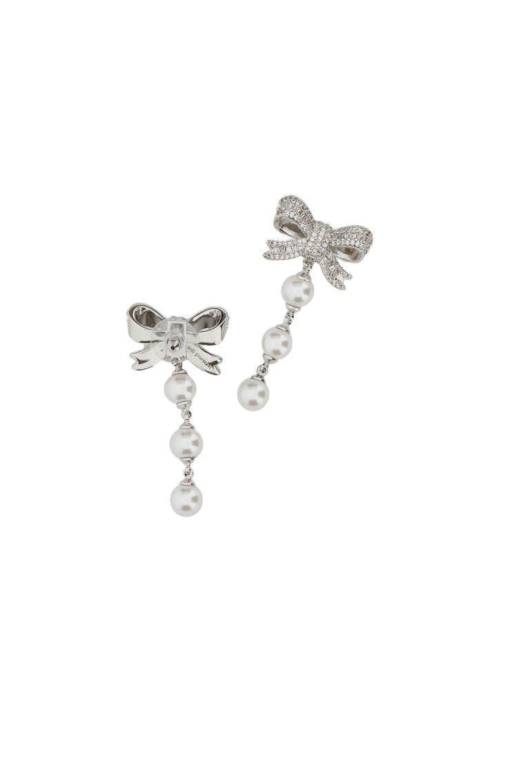 Self-Portrait Pearl Droplet Earrings With Silver-Toned Bow And Crystal Embellishments
