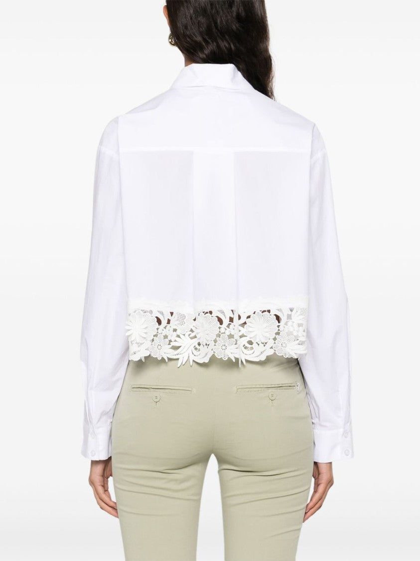 Twin-Set Cropped White Cotton Shirt With Delicate Lace Trim