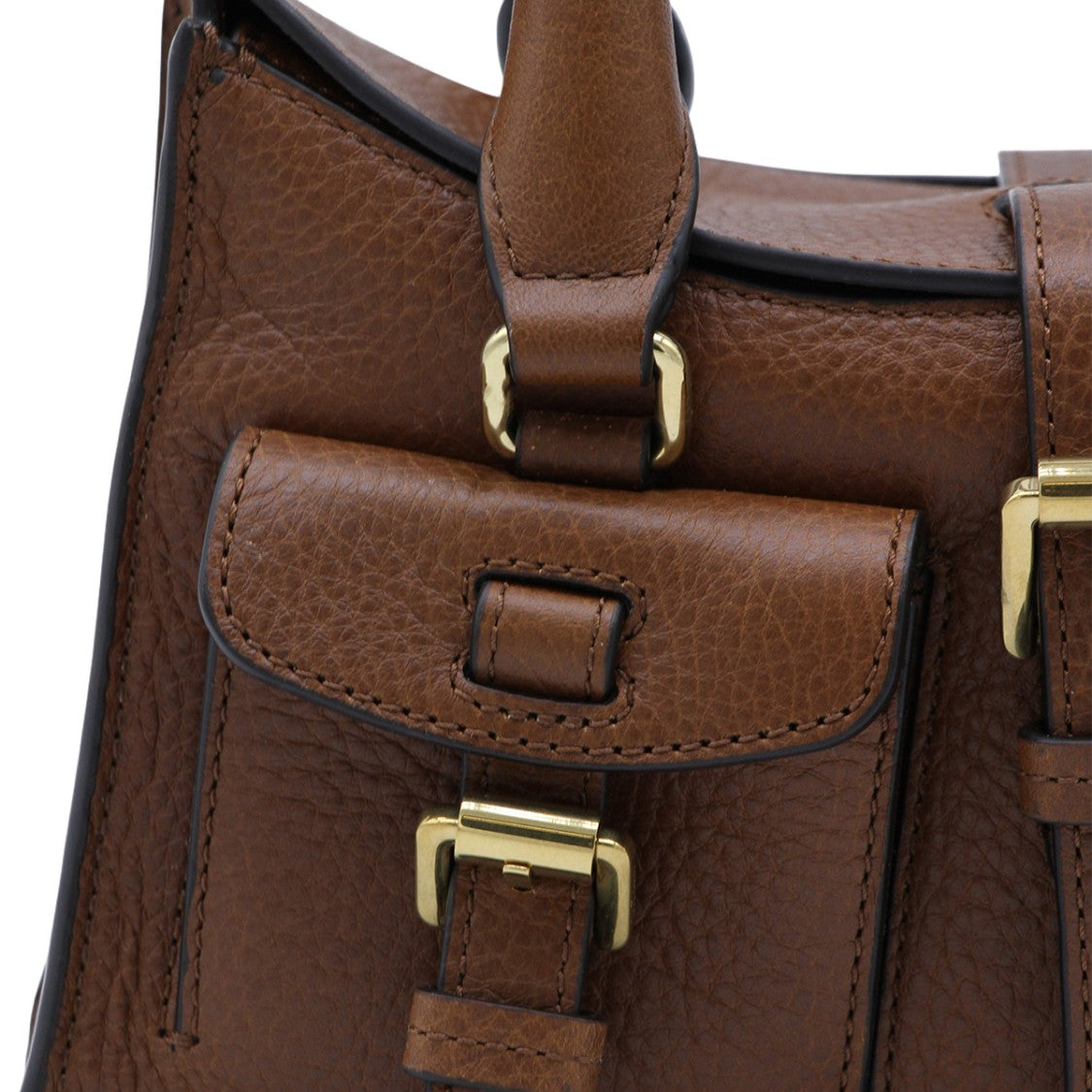 Mulberry Structured Brown Textured Leather Handbag With Gold-Tone Accents