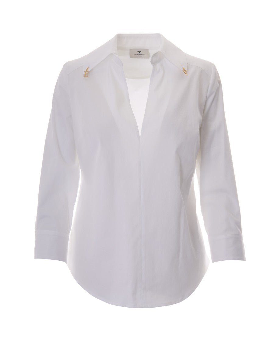 Elisabetta Franchi White Stretch Cotton Shirt With Deep V-Neck