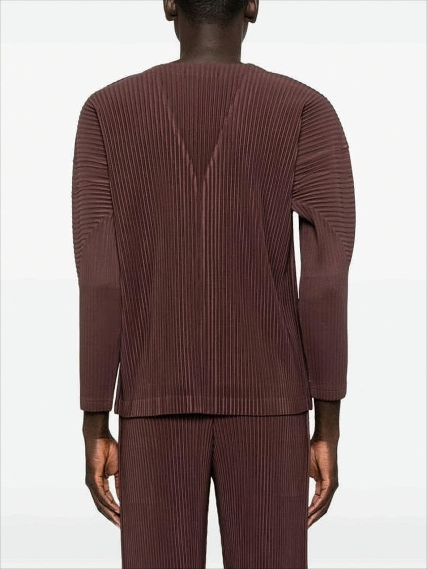 Homme Plissé Issey Miyake Button-Up Textured Cardigan With Deep V-Neckline And Vertical Pleats
