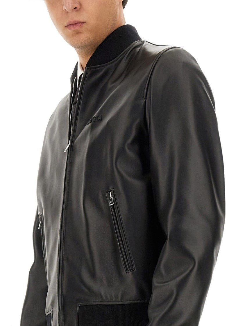 Gucci Smooth Lamb Leather Bomber Jacket With Ribbed Details