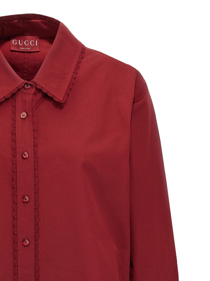 Gucci Knotted Lace Detail Long-Sleeved Shirt In Deep Red Cotton Poplin