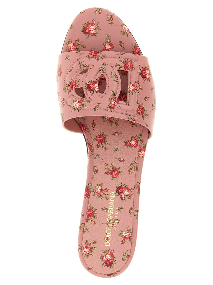 Dolce & Gabbana Rose Print Calf Leather Slides