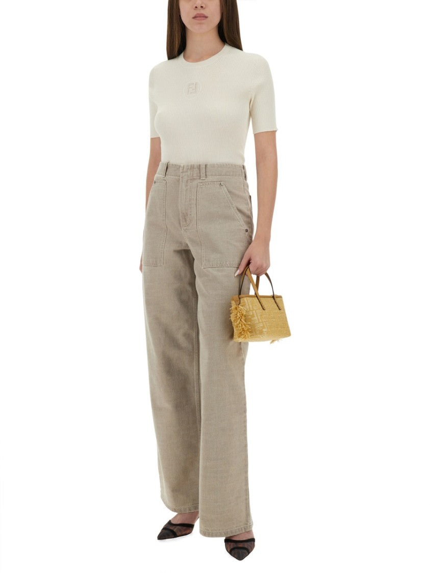 Fendi Ribbed Cotton T-Shirt With Subtle Logo Detail