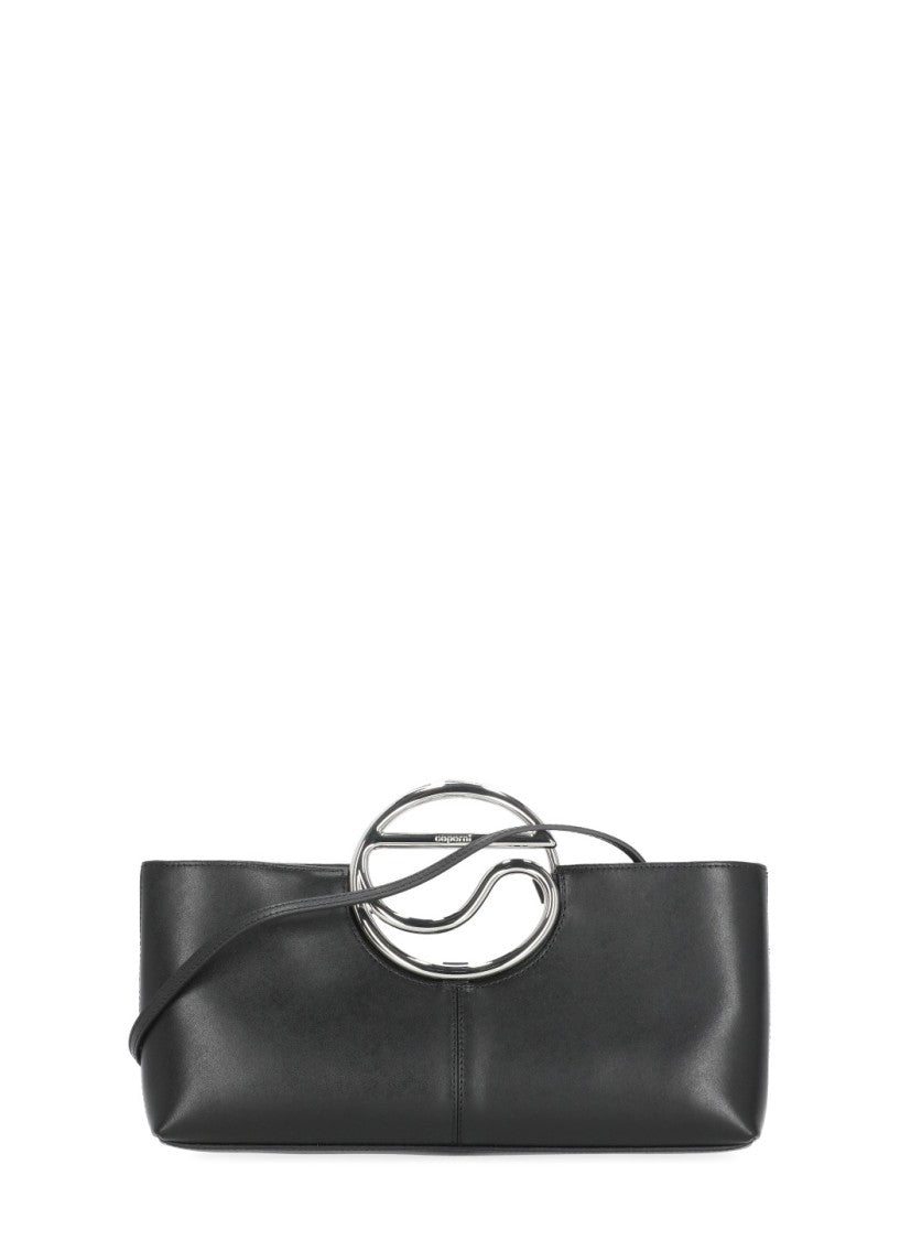 Coperni Rectangular Black Leather Clutch With Metal Logo Handle