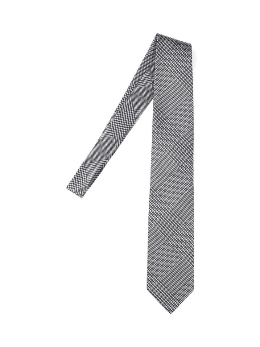 Tom Ford Adjustable Prince Of Wales Check Tie In Gray Mulberry Silk