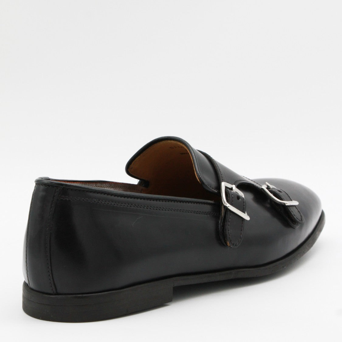 Mille885 Polished Black Leather Monk Strap Flat Shoes