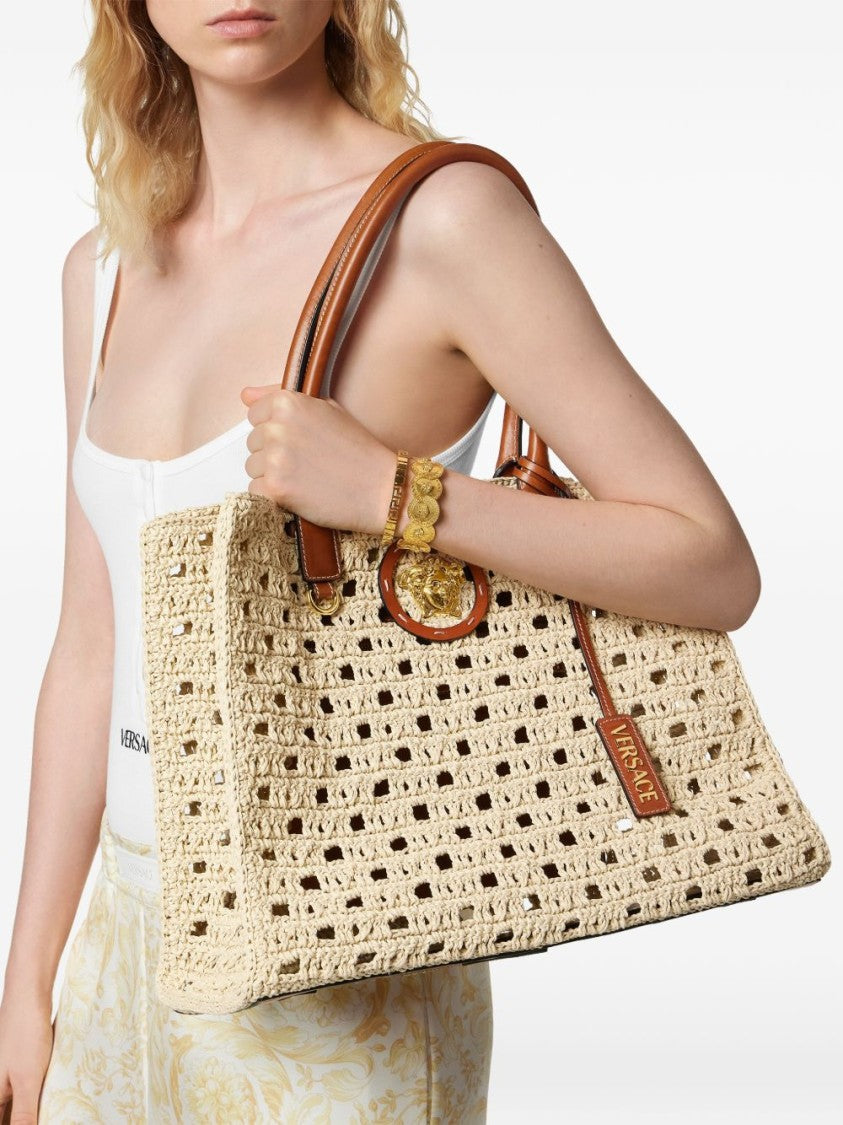 Versace Beige Woven Gold-Tone Tote Bag
