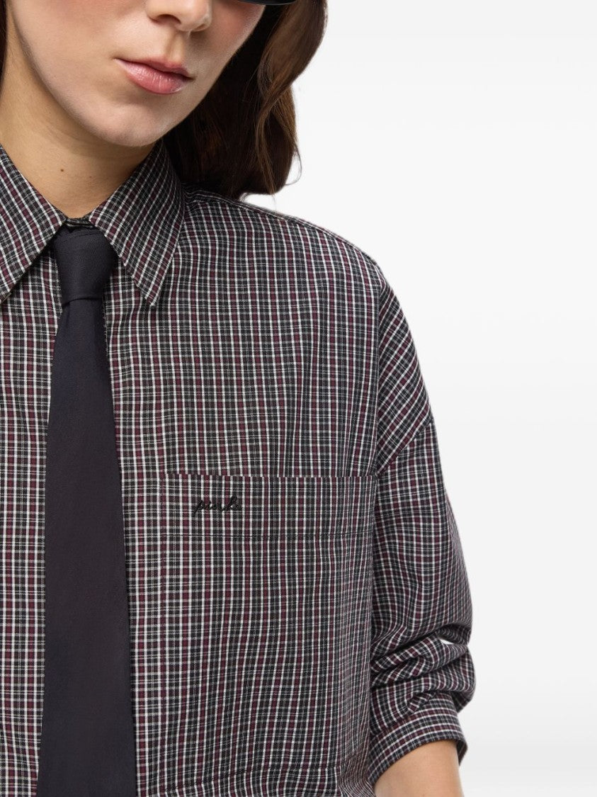 Pinko Black Cropped Checkered Tie Detail Shirt