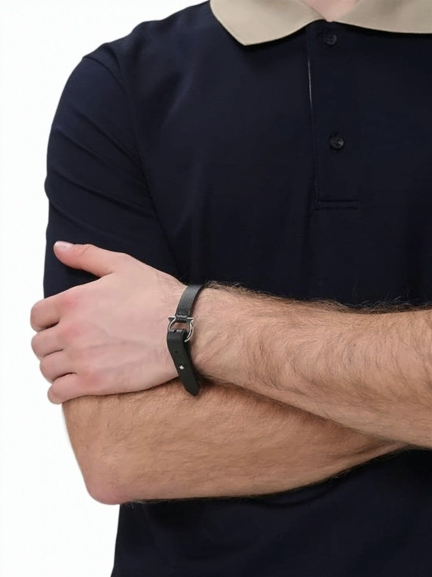 Salvatore Ferragamo Black Calf Leather Bracelet With Silver-Toned Clasp
