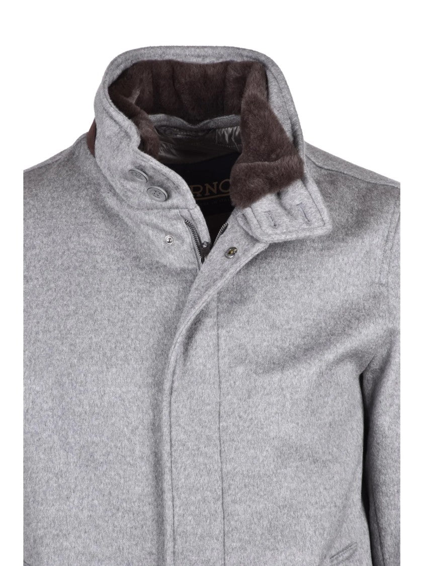 Herno Grey Caban Removable Fur Collar Cashmere Coat