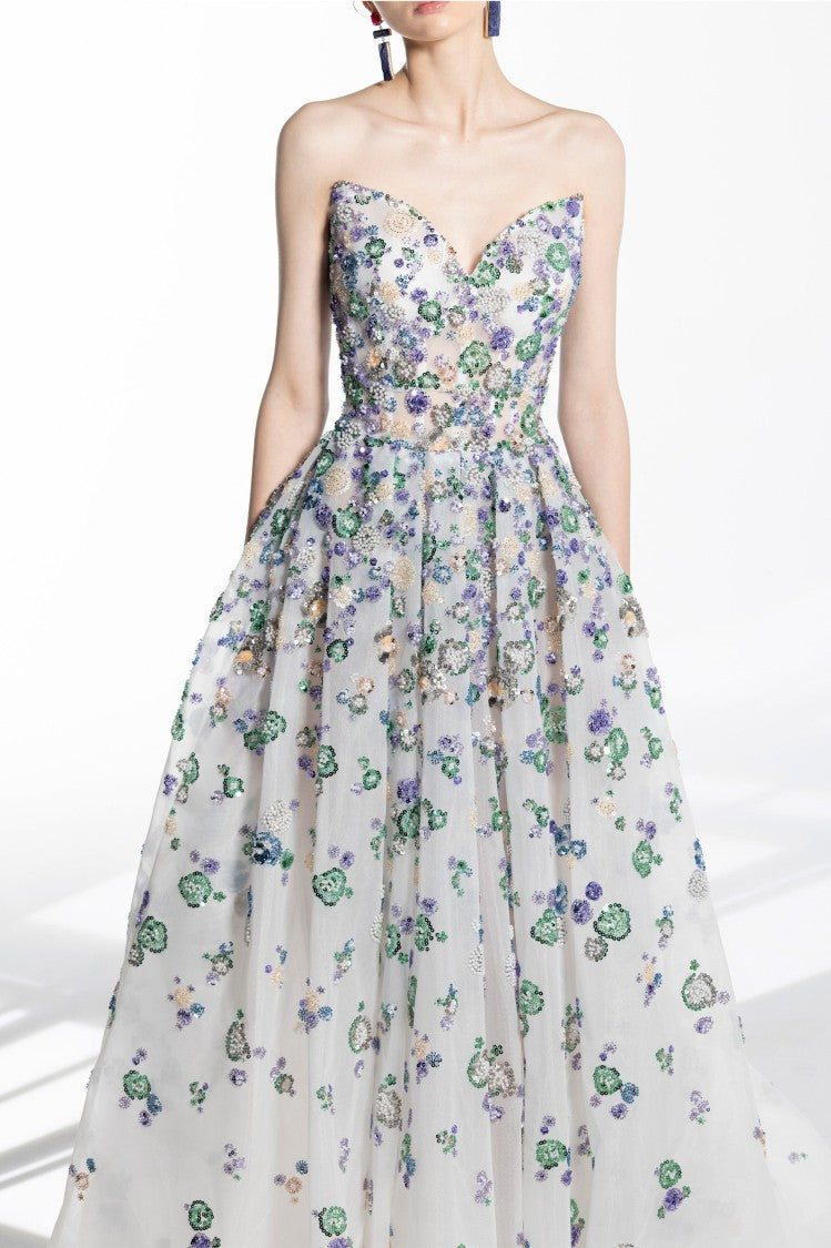 Saiid Kobeisy Tulle, Strapless Beaded Dress With Heart Shaped Top