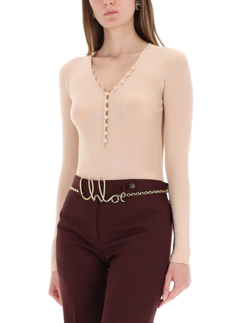 Chloé Ribbed Wool Button Knit Sweater