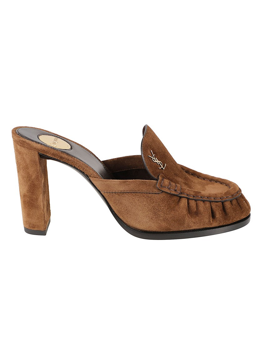 Saint Laurent Moccasin-Inspired Brown Suede Sandals With Block Heel