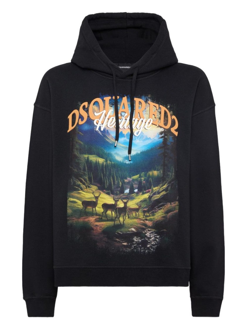 Dsquared2 Illustration-Style Print Black Hoodie With Relaxed Fit