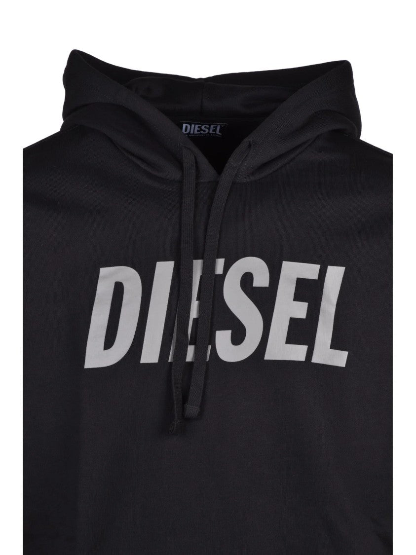 Diesel Black Stretch Hoodie With Bold Logo And Kangaroo Pocket