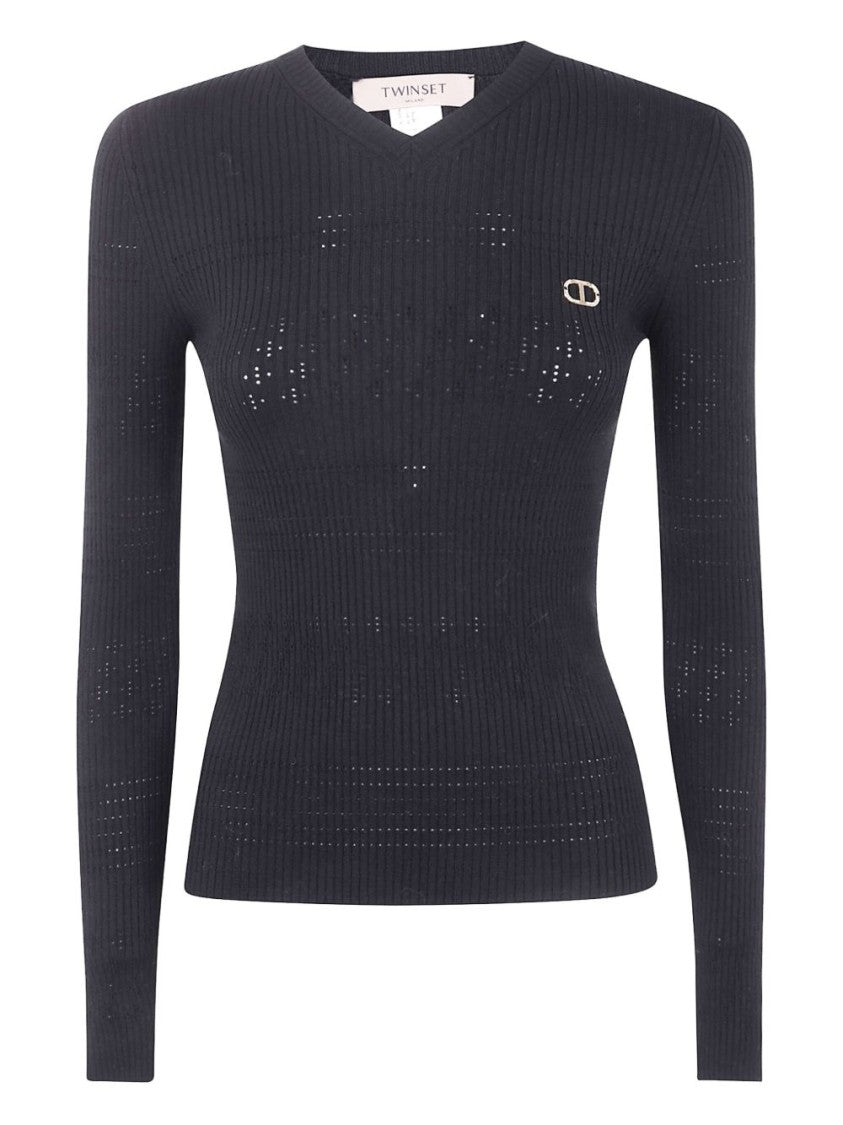Twin-Set Fitted Black Sweater With Ribbed Texture