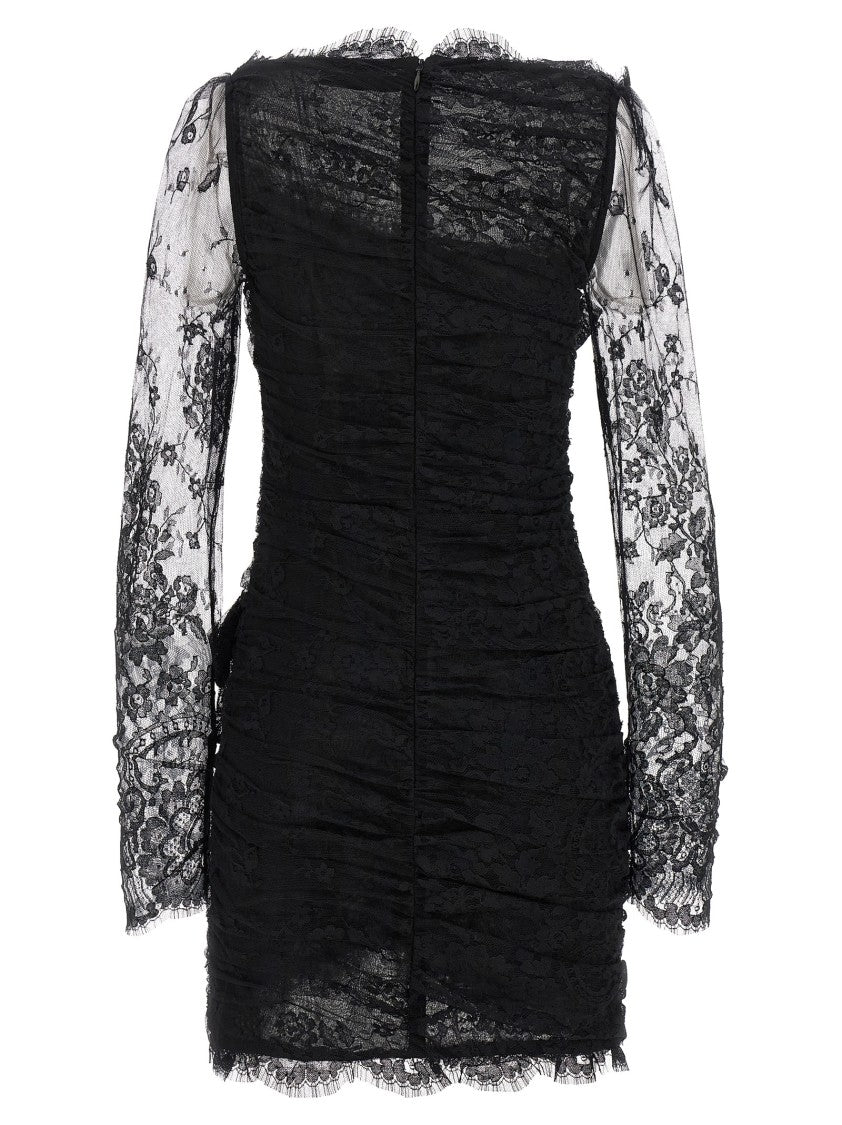 Alessandra Rich Draped Lace Mini Dress With Plunging Neckline And Transparent Sleeves