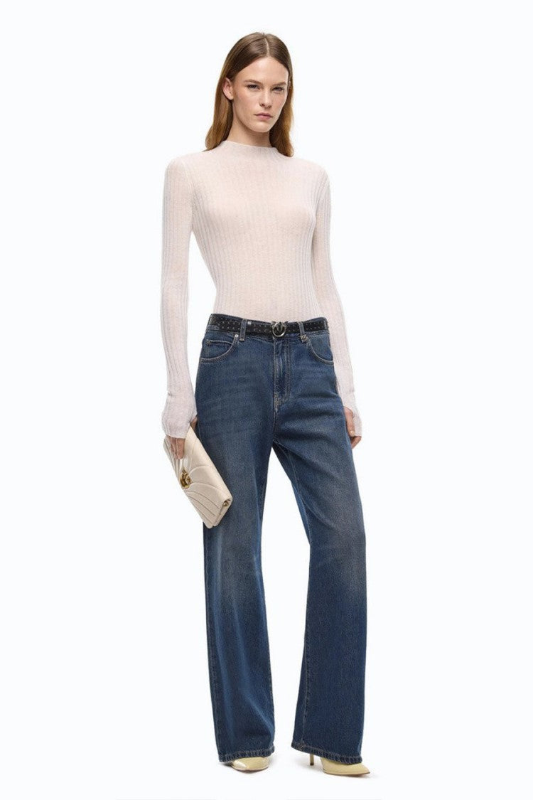 Pinko White Wool Ribbed Mock-Neck Sweater