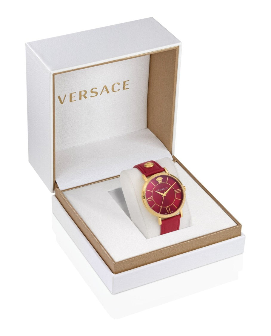 Versace V-Eternal Leather Watch With Red Guilloche Dial