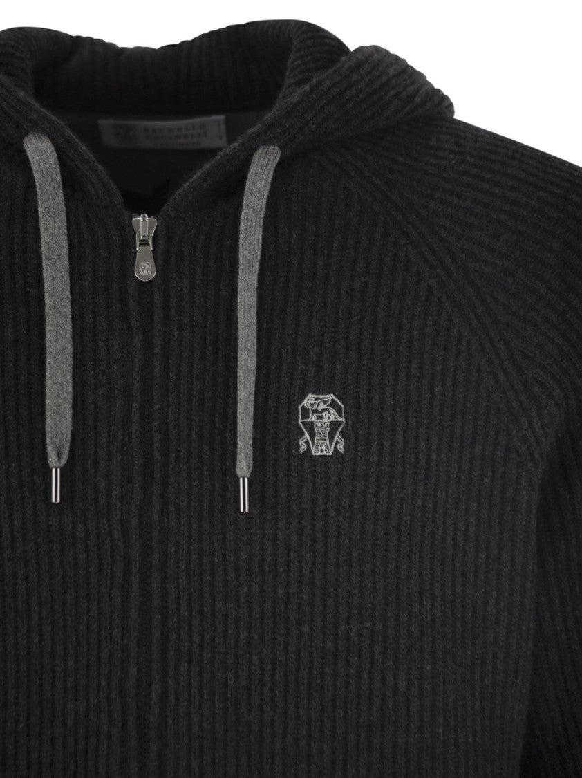 Brunello Cucinelli English Rib Cashmere Knit Hooded Topwear