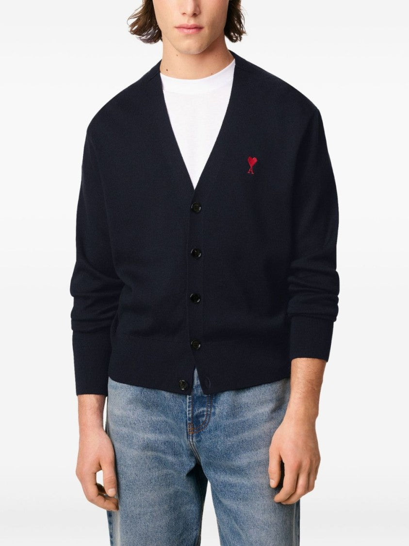 Ami Paris Button-Up Cardigan Sweater With V-Neck And Heart Emblem