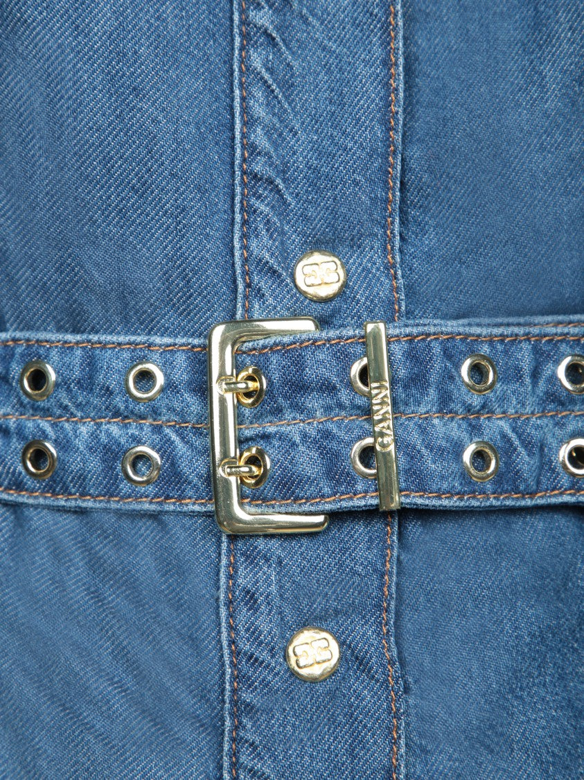 Ganni Tapered Denim Maxi Dress With Decorative Belt