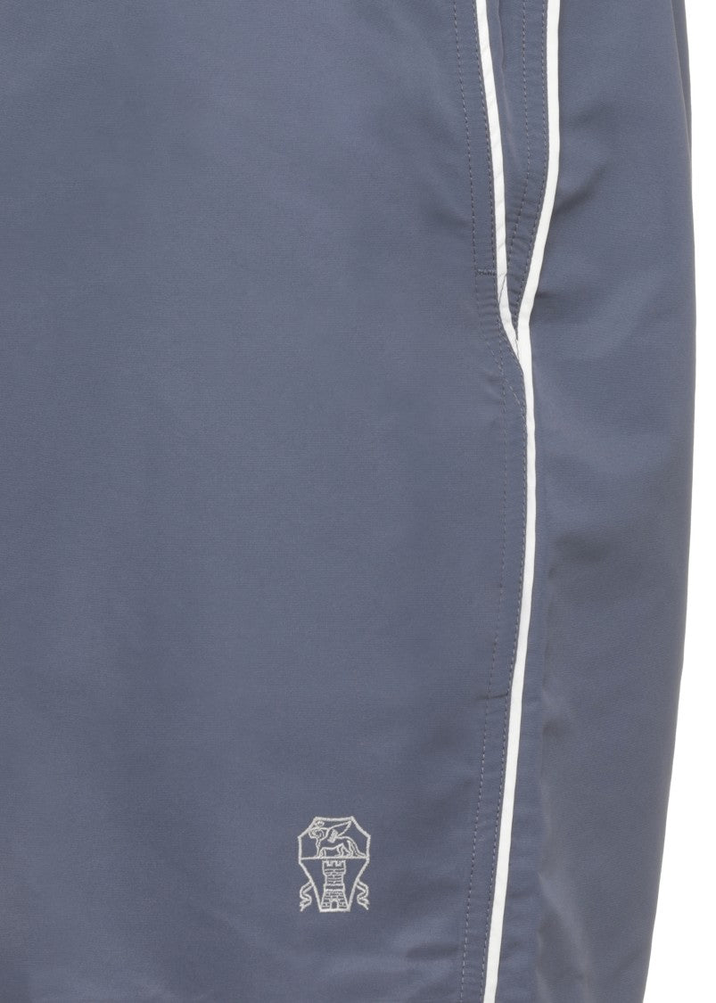 Brunello Cucinelli Blue White Embroidered Swim Shorts