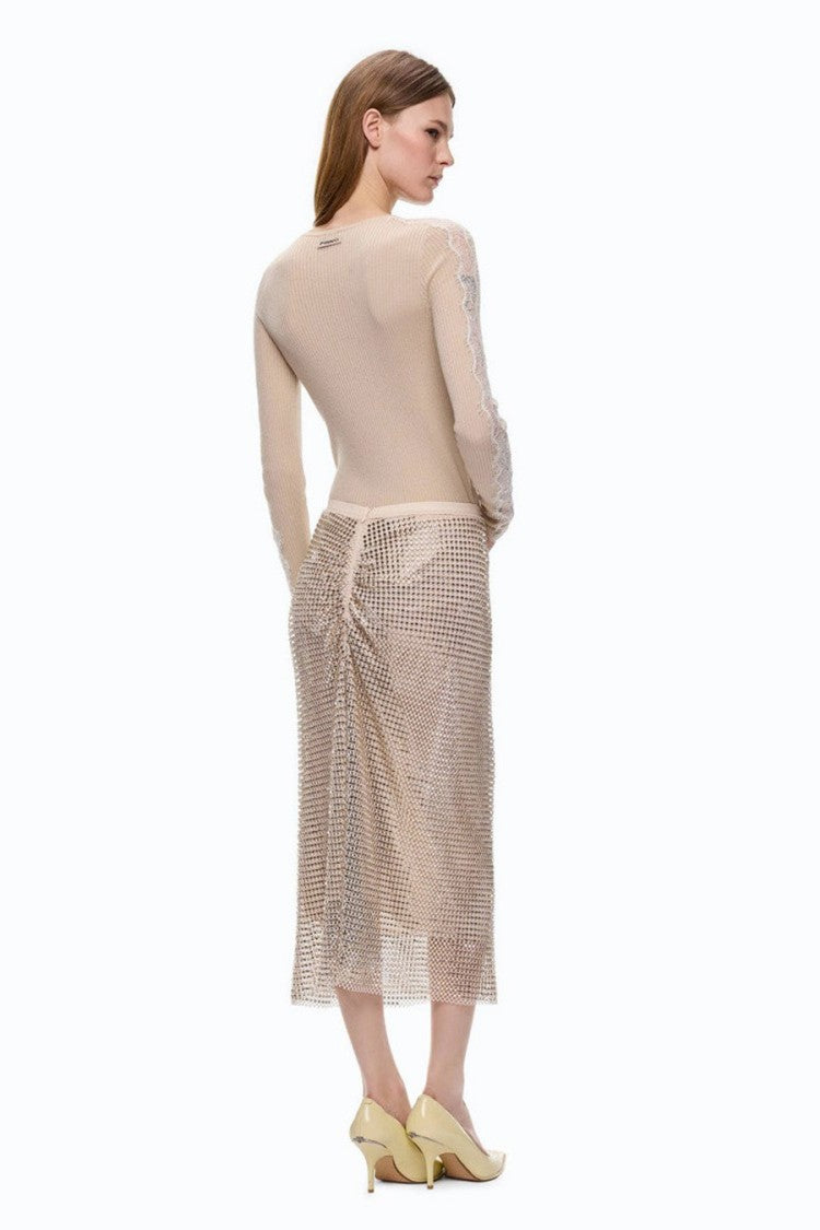 Pinko Beige Wool-Cashmere Blend Ribbed Crew-Neck Sweater