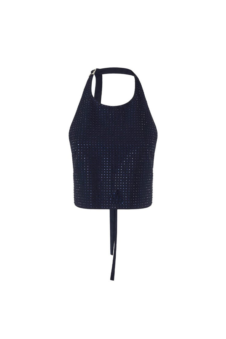 Pinko Blue Polyester-Viscose Blend Embellished Halter Top