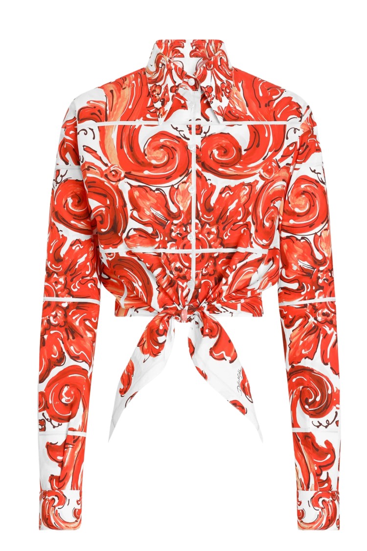 Dolce & Gabbana White Orange Tied Hem Square Cuffs Cotton Shirt