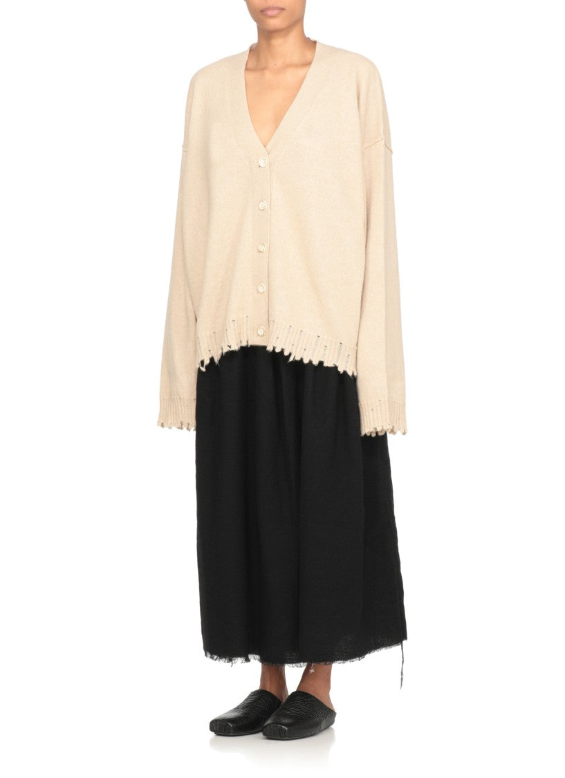 Uma Wang Beige Cashmere Cardigan With V-Neck And Ribbed Trims