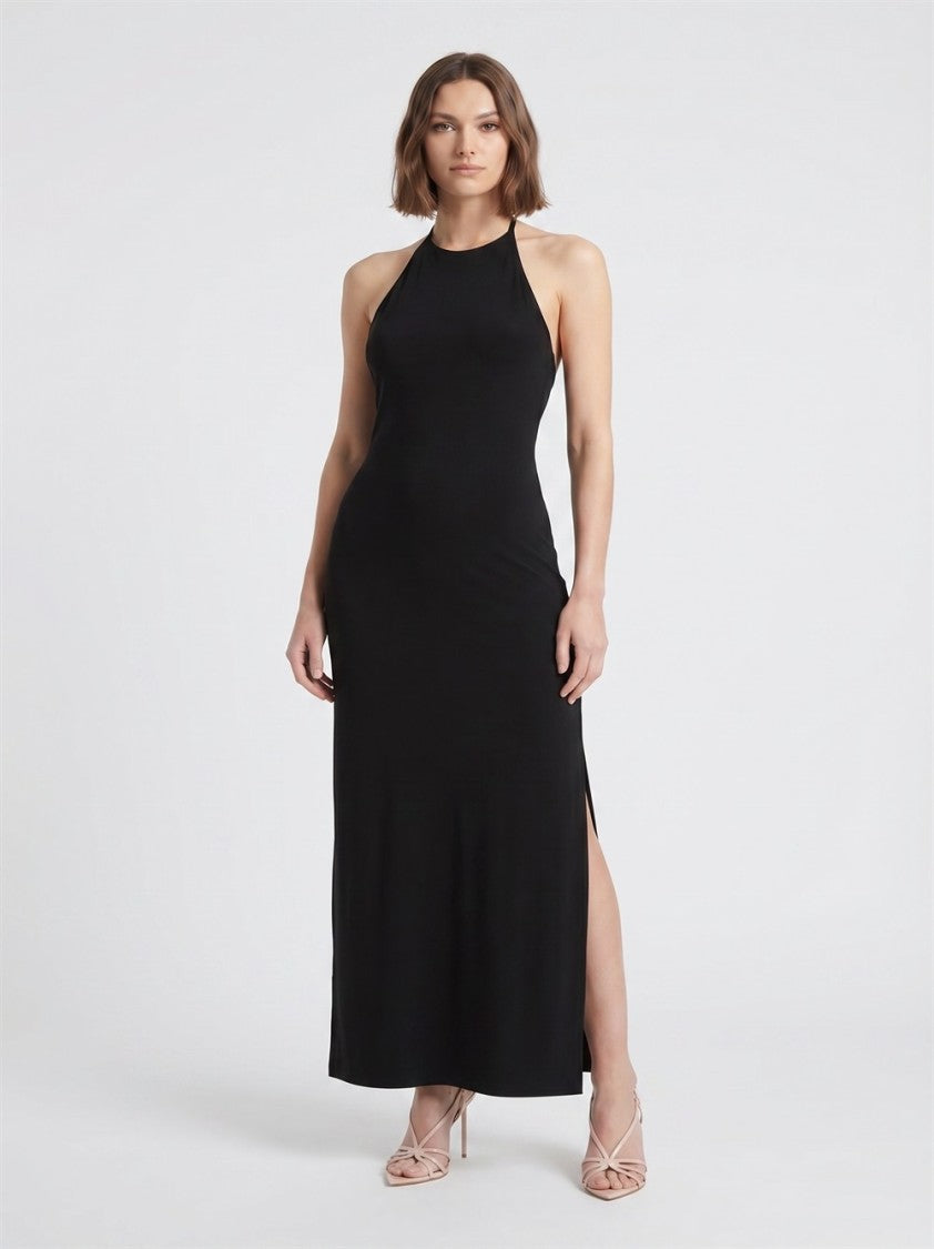 Norma Kamali Black Halter Open-Back Side-Slit Polyester Dress