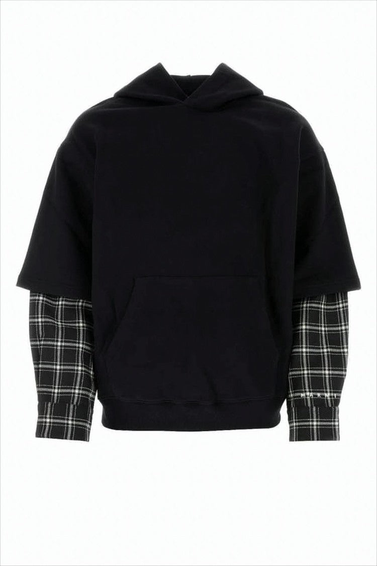 Marni Layered Black Hoodie With Plaid Sleeves