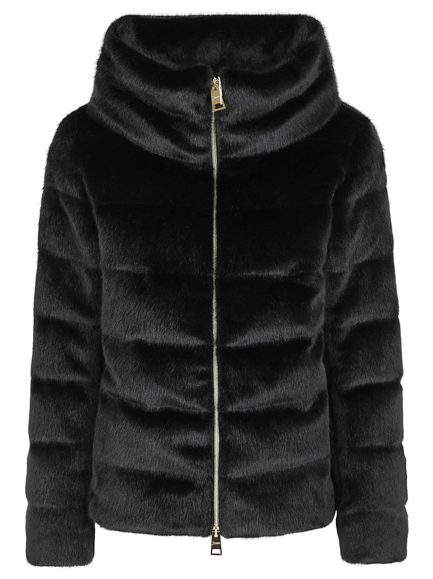 Herno Cropped Black Jacket With Plush Texture And High Collar