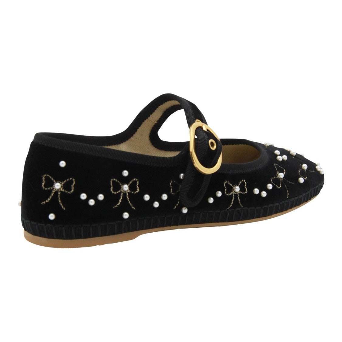 Valentino Garavani Embellished Black Velvet Flats With Pearl Details